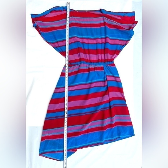 SILK striped red pink blue asymmetric dress size small - Picture 3 of 11